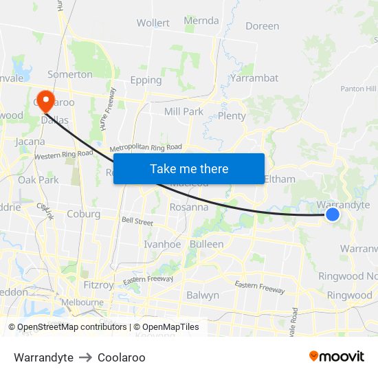 Warrandyte to Coolaroo map