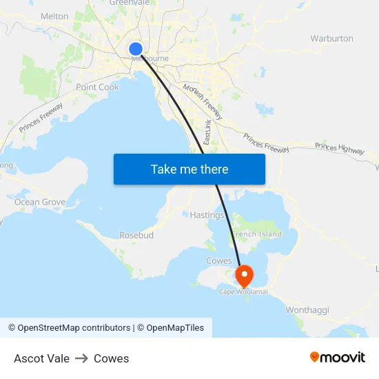 Ascot Vale to Cowes map