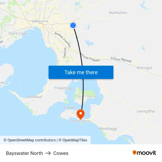 Bayswater North to Cowes map