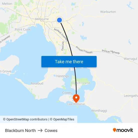 Blackburn North to Cowes map