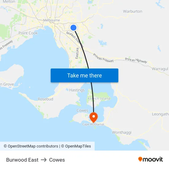 Burwood East to Cowes map