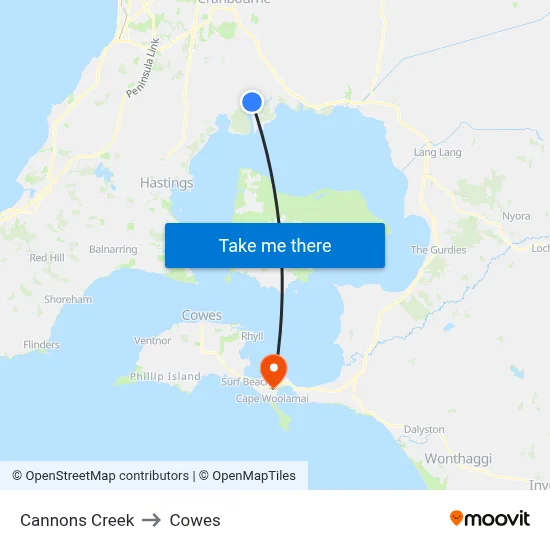 Cannons Creek to Cowes map