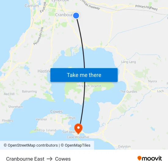 Cranbourne East to Cowes map