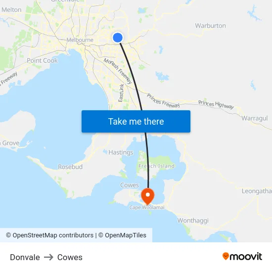 Donvale to Cowes map