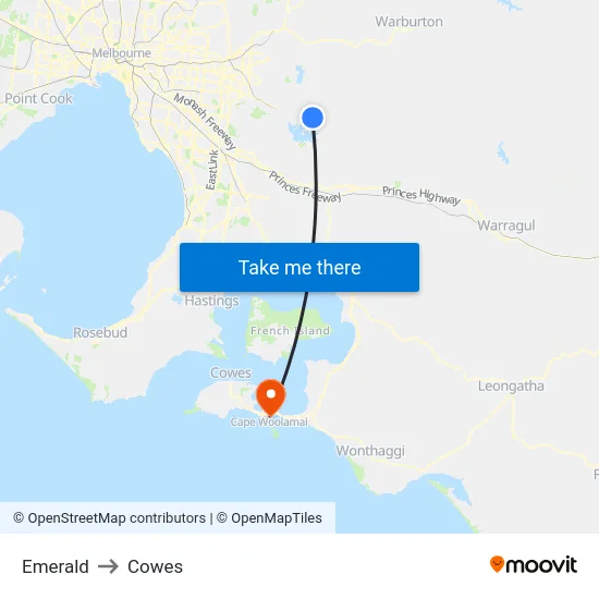 Emerald to Cowes map
