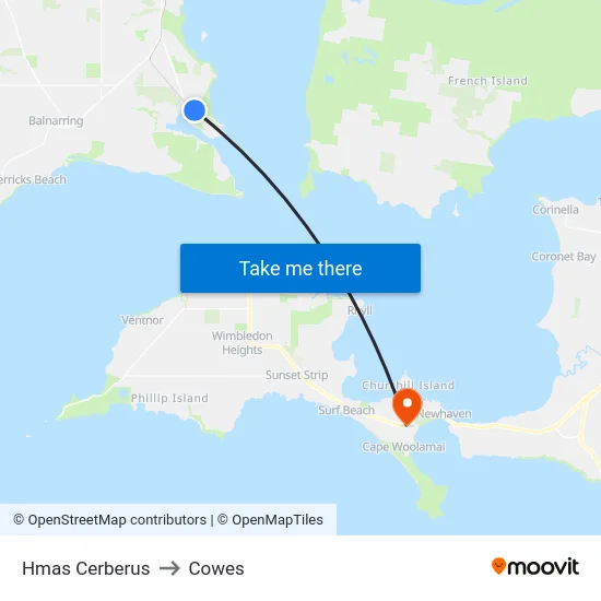 Hmas Cerberus to Cowes map