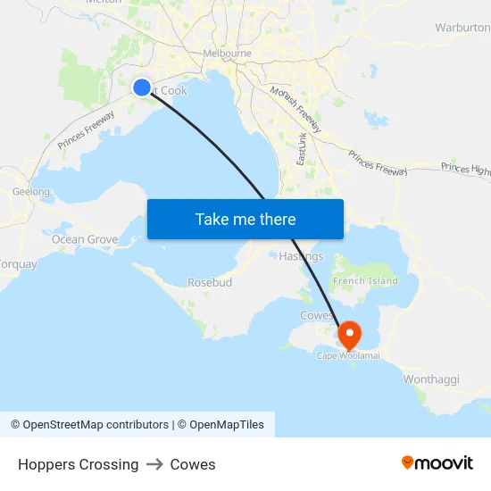 Hoppers Crossing to Cowes map