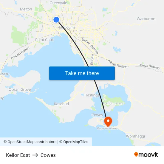 Keilor East to Cowes map