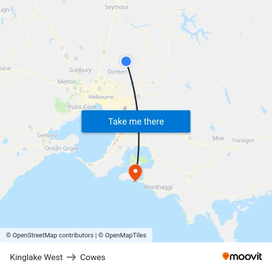 Kinglake West to Cowes map