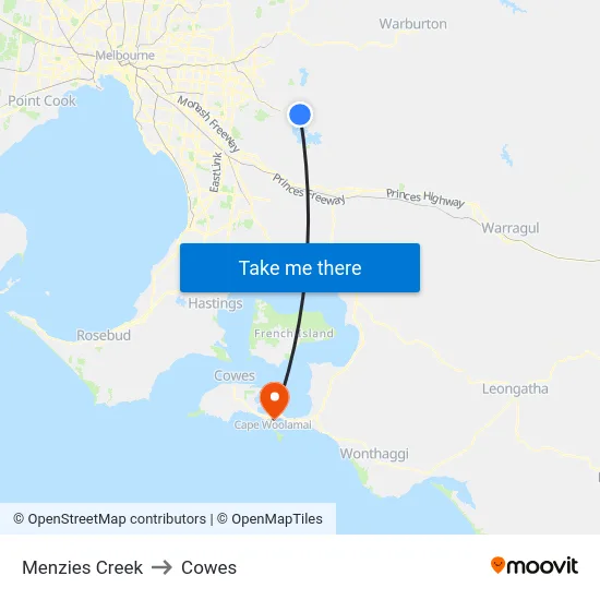 Menzies Creek to Cowes map