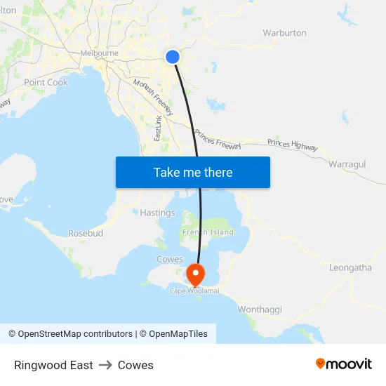 Ringwood East to Cowes map
