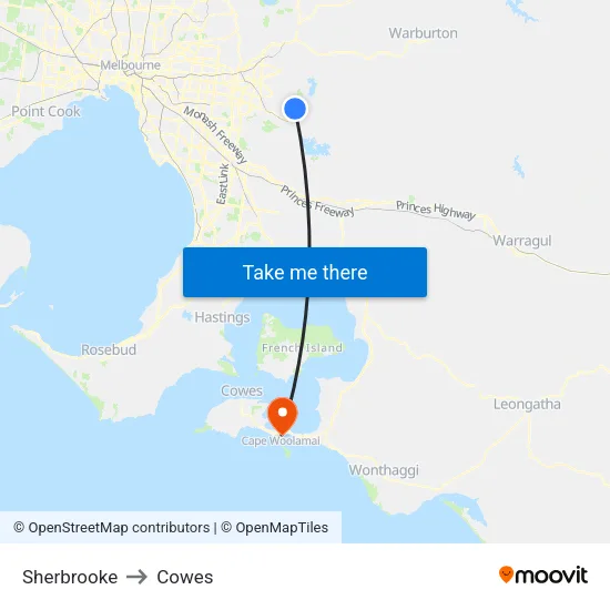 Sherbrooke to Cowes map