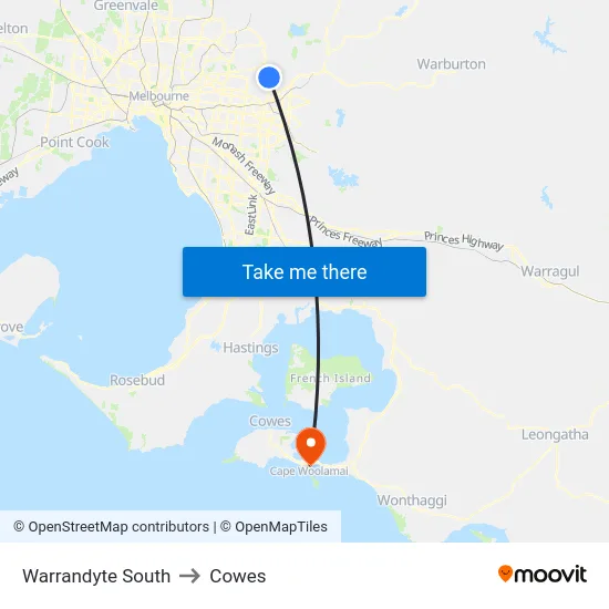 Warrandyte South to Cowes map