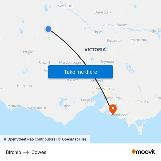Birchip to Cowes map