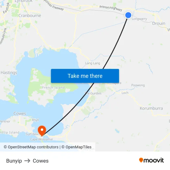 Bunyip to Cowes map