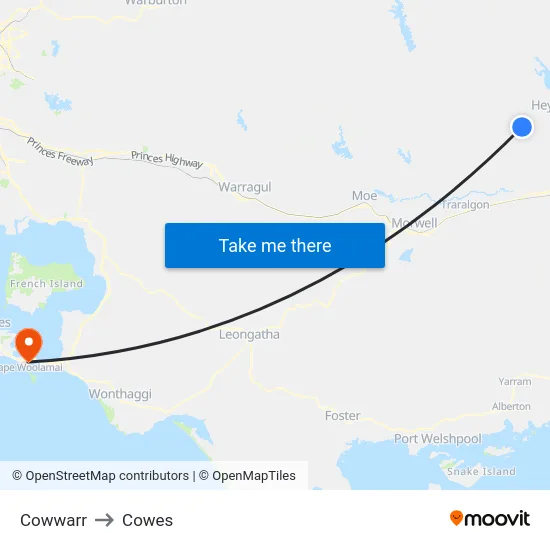 Cowwarr to Cowes map