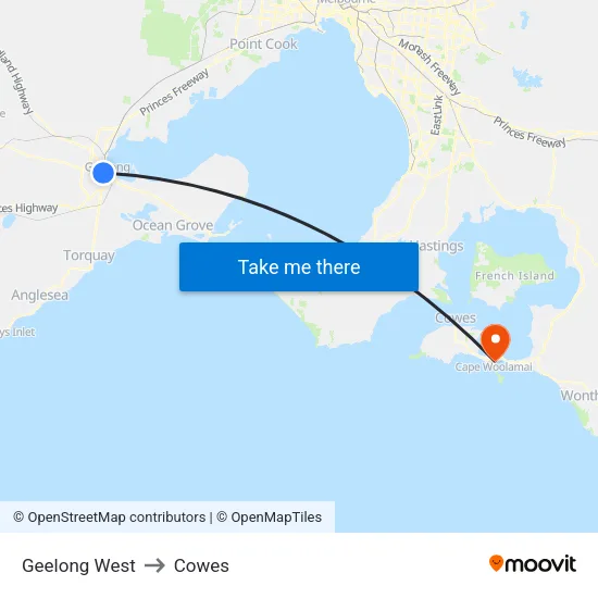 Geelong West to Cowes map