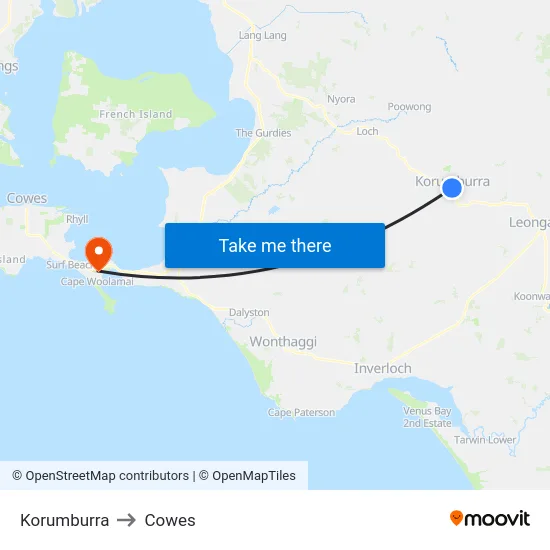 Korumburra to Cowes map