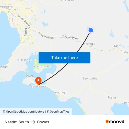 Neerim South to Cowes map