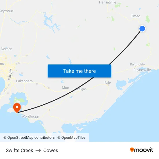 Swifts Creek to Cowes map
