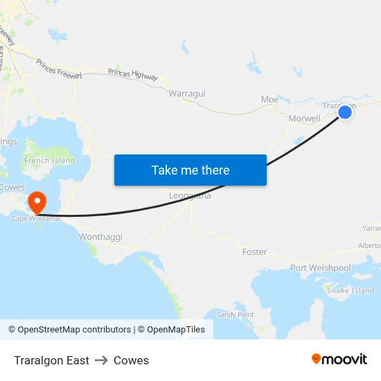 Traralgon East to Cowes map
