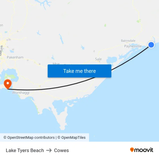 Lake Tyers Beach to Cowes map