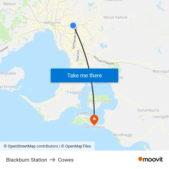 Blackburn Station to Cowes map
