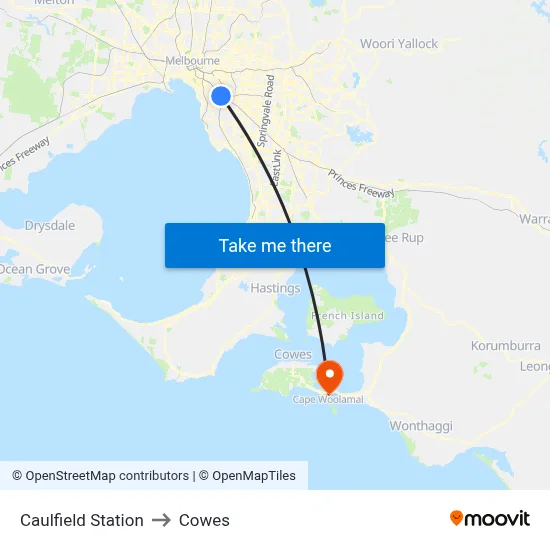 Caulfield Station to Cowes map