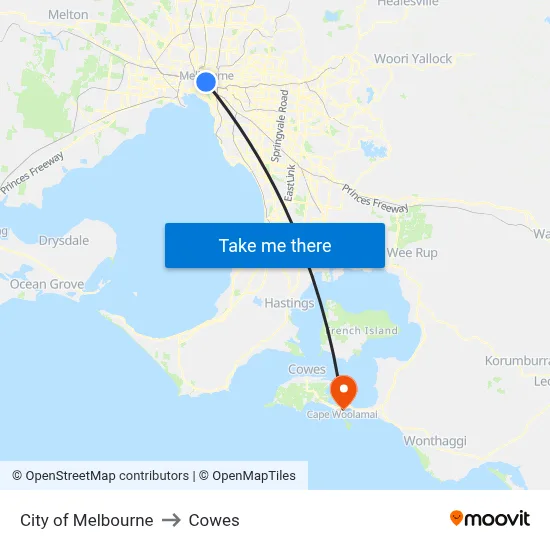 City of Melbourne to Cowes map