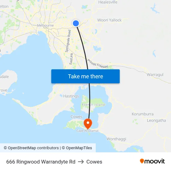 666 Ringwood Warrandyte Rd to Cowes map