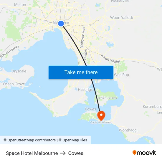 Space Hotel Melbourne to Cowes map