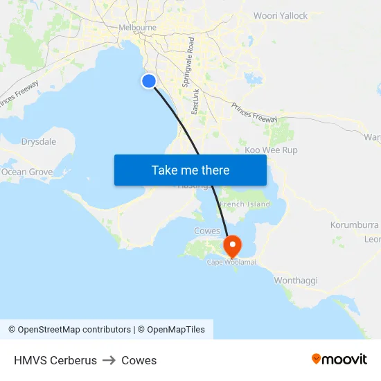 HMVS Cerberus to Cowes map