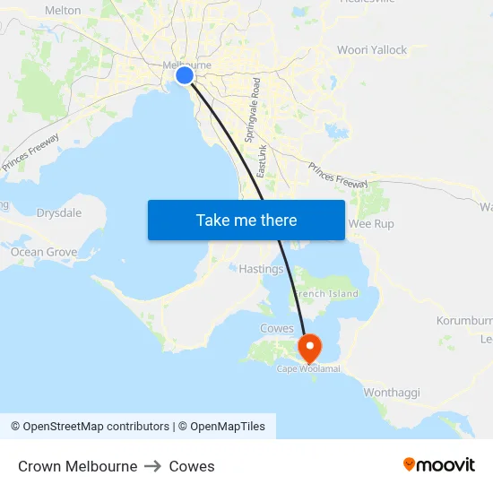 Crown Melbourne to Cowes map