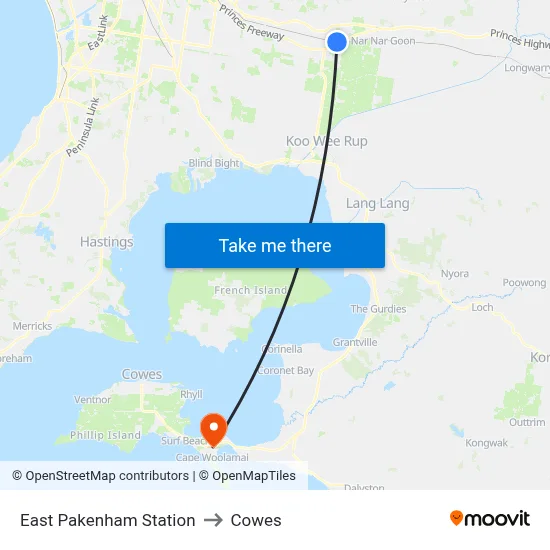 East Pakenham Station to Cowes map
