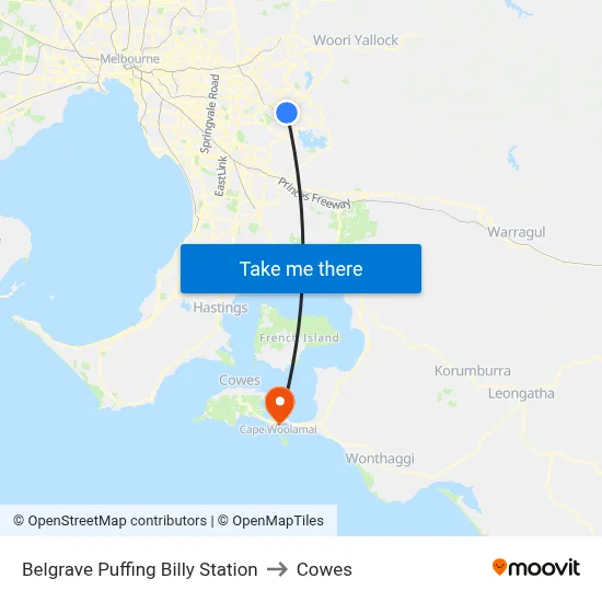 Belgrave Puffing Billy Station to Cowes map