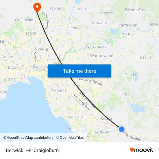 Berwick to Craigieburn map