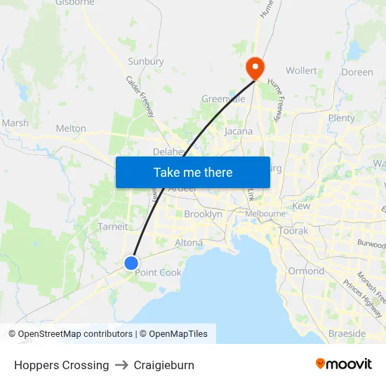 Hoppers Crossing to Craigieburn map