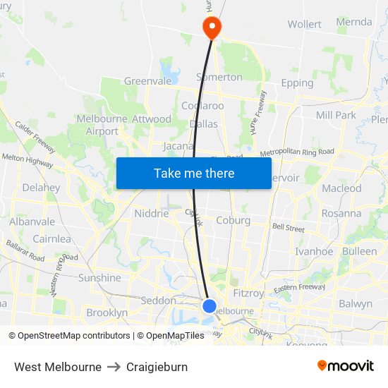 West Melbourne to Craigieburn map