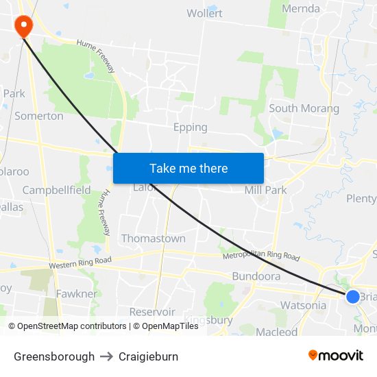 Greensborough to Craigieburn map