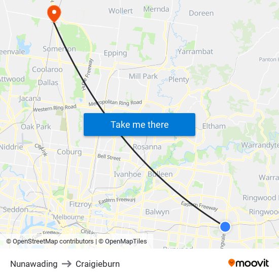 Nunawading to Craigieburn map