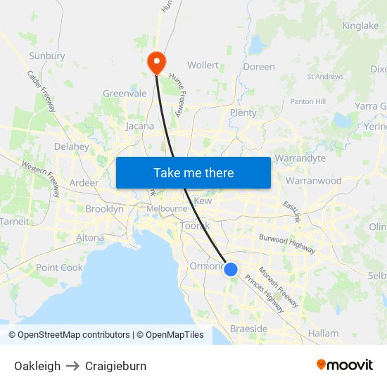 Oakleigh to Craigieburn map