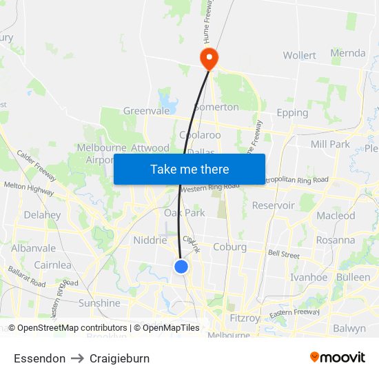 Essendon to Craigieburn map