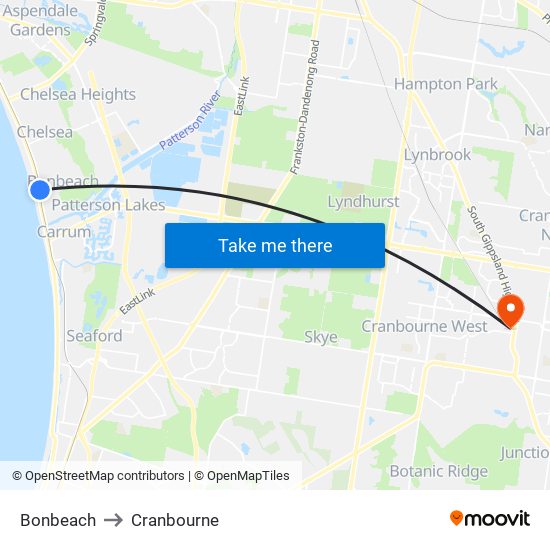 Bonbeach to Cranbourne map