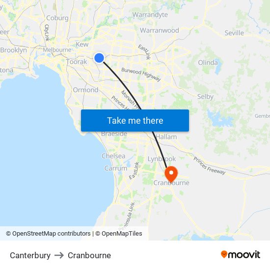 Canterbury to Cranbourne map