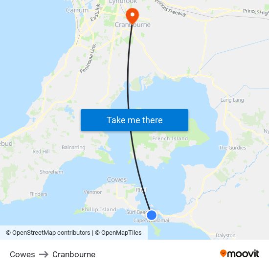 Cowes to Cranbourne map