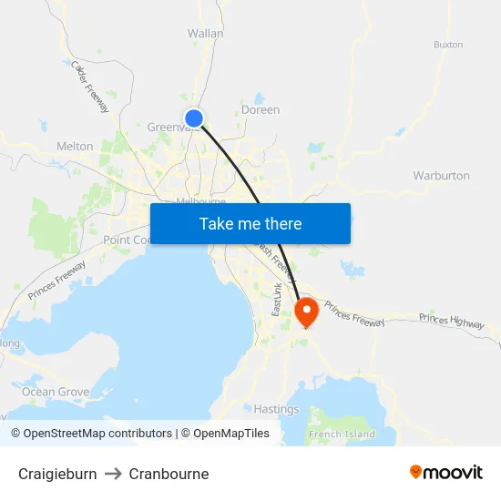 Craigieburn to Cranbourne map