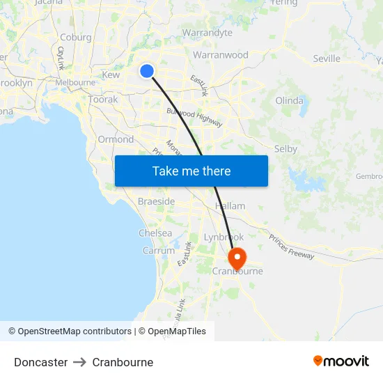Doncaster to Cranbourne map