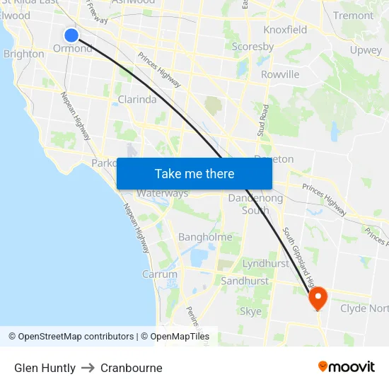 Glen Huntly to Cranbourne map