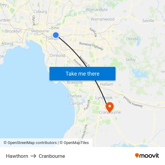 Hawthorn to Cranbourne map
