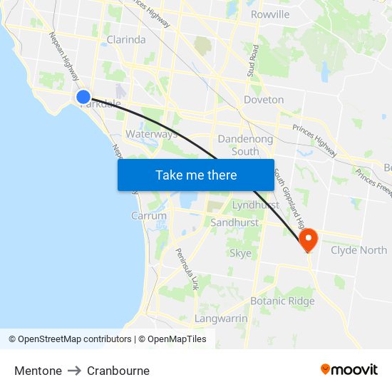 Mentone to Cranbourne map